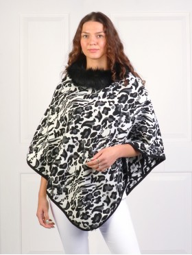 Black & White Leopard Print  Poncho W/ Fur Collar